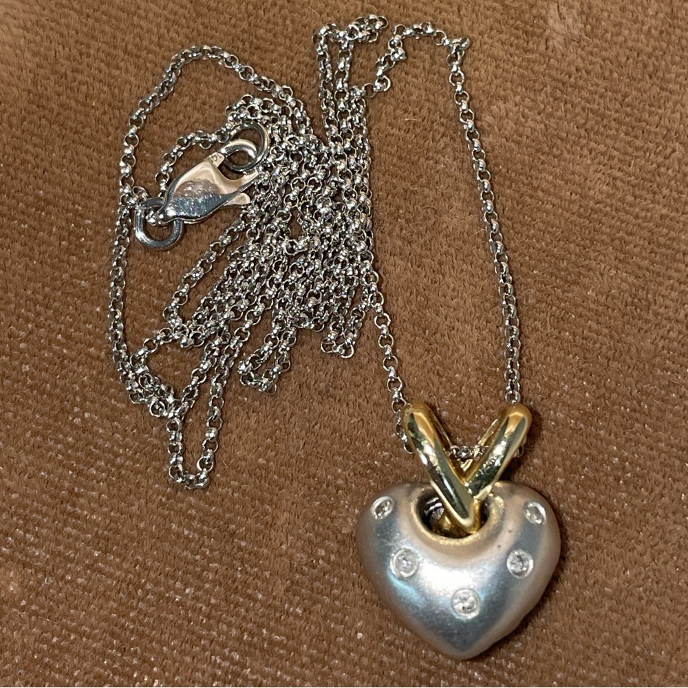 Solid Stamped 14K White Yellow Gold Diamond Puffy Heart Pendant Rolo Necklace